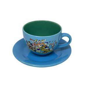 VTG Disney Mug & Saucer Mickey Mouse & Friends Blue Green Ceramic Cup 4.5"x3.5"